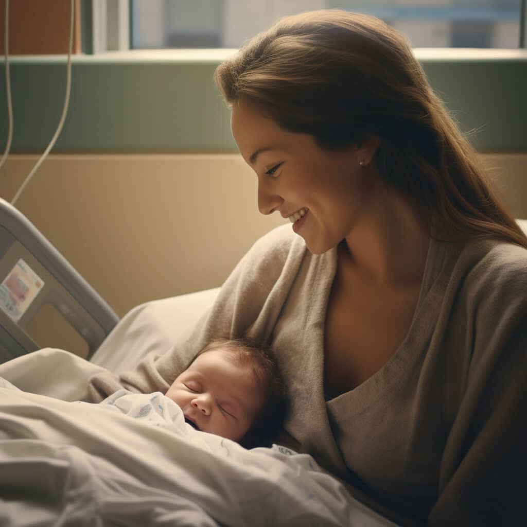 Newborn baby with mother, portrait photo
